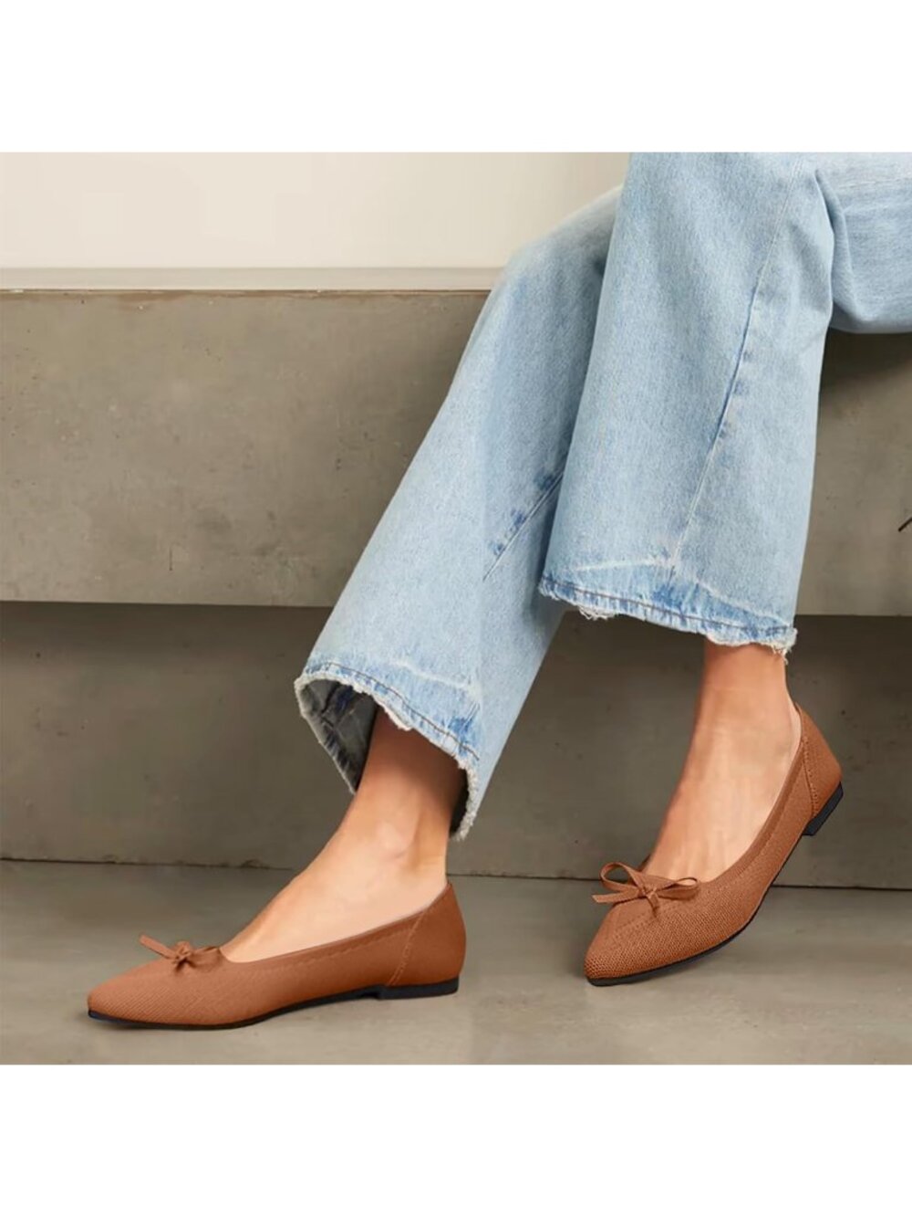 〽️Women's Brown Flats Pointed Toe Bow Knit Ballet Comfortable Slip On Shoes